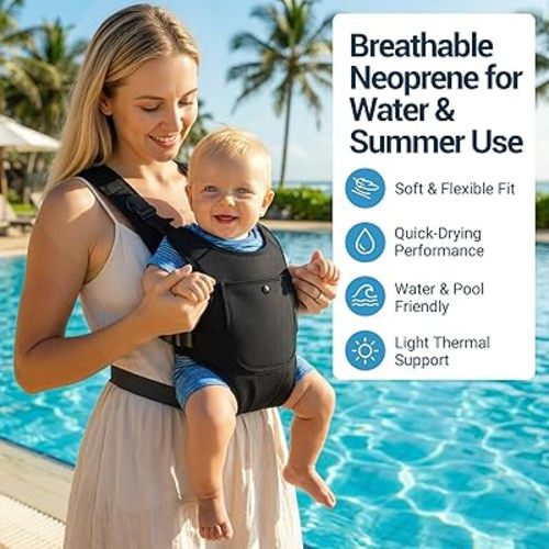 Neoprene Water Baby Carrier Newborn to Toddler, Ergonomic Waterproof Infant Chest Holder with Adjustable Straps, Breathable & Lightweight Baby Wearing Gear for Summer Pool Swimming & Beach
