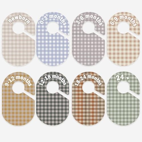 Baby Closet Divider, Baby Wardrobe Organizer, Double-Sided Pastel Gingham Design, Nursery Decor Clothes Hanger Dividers for Sorting 8 Sizes from Newborn to 12+ Months