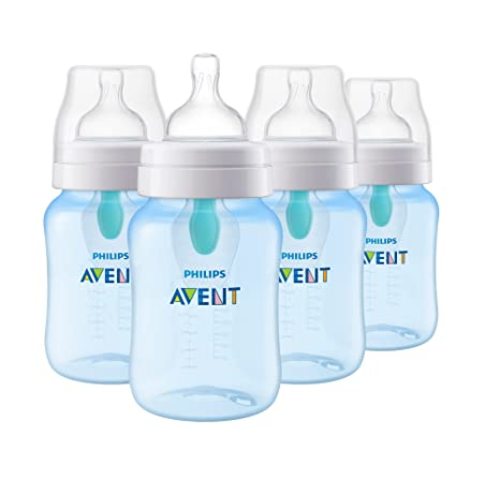 Philips Avent Anti-Colic Baby Bottle with AirFree Vent, Medium Flow 2 Nipple, 1m+, 9oz, 4 Pack, Clear, SCY703/04