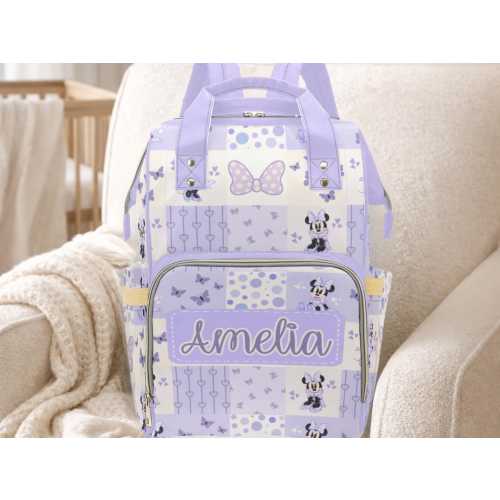 Minnie Mouse Diaper Bag Backpack For Girl in Lavender Patchwork Custom Baby Name Diaper Backpack Personalized Baby Shower Gift Mommy Bag