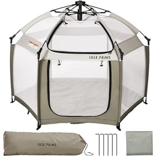LILLEPRINS EasyPop Outdoor Playpen with Canopy for Babies, 1 Second Baby Pop up Tent, Beach Tent, Travel Playpen for Baby with Travel Bag, UPF50+ Cover, Mosquito Net (Beige)