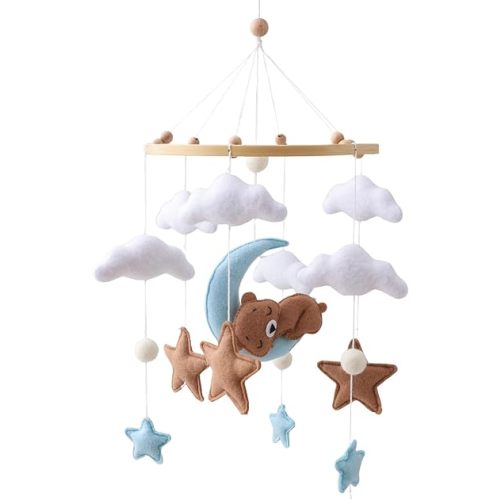 Moon Bear Baby Crib Mobile, Handmade Felt Teddy Bear Nursery Decor