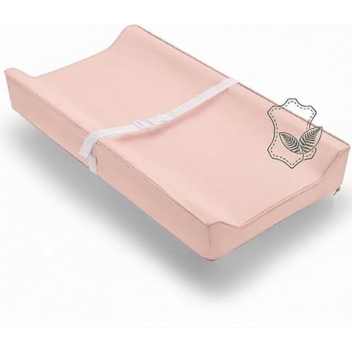 Vegan Leather Contoured Baby Changing Pad | Waterproof & Wipe-Clean PU Leather Diaper Change Mat, Soft, Wipeable Cover, Safety Strap, Non-Slip Bottom, Topper for Standard Infant Diaper Table & Dresser