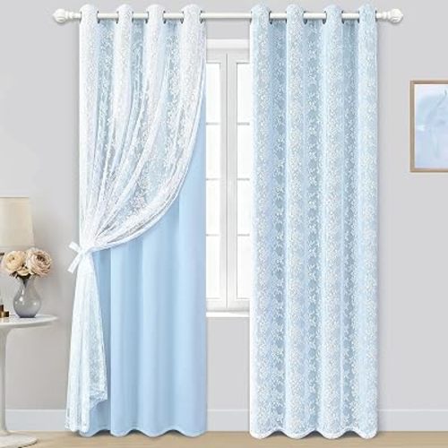 Yinhua Blue Curtains for Living Room Blackout Curtains for Bedroom 84 Inches Long Double Layer Curtain with Tiebacks, Thermal Insulation Grommet Drapes for Nursery Dining Room, 52" W x 84" L