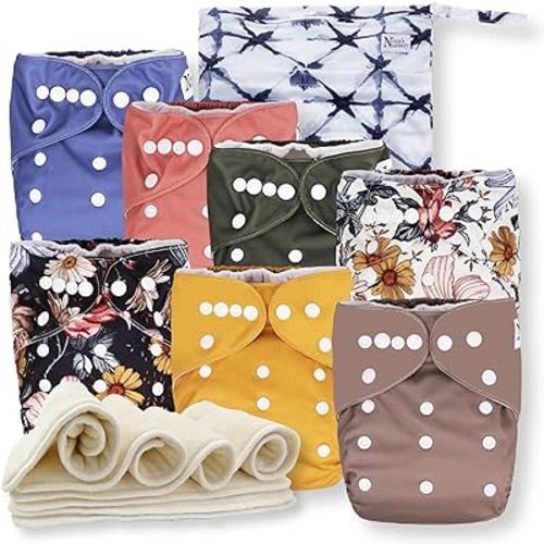 Nora's Nursery Cloth Diapers 7 Pack with 7 Inserts & 1 Wet Bag - Waterproof Cover, Washable, Reusable & One Size Adjustable Pocket Diapers for Newborns and Toddlers - Harlow