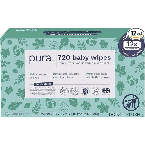 Pura Baby Wipes 12 x 60 Wipes (720 Wipes), 100% Plastic-Free & Plant Based Wipes, 99% Water, Suitable for Sensitive & Eczema-prone Skin, Fragrance Free & Hypoallergenic, EWG, Cruelty Free - 60 Count (Pack of 12)