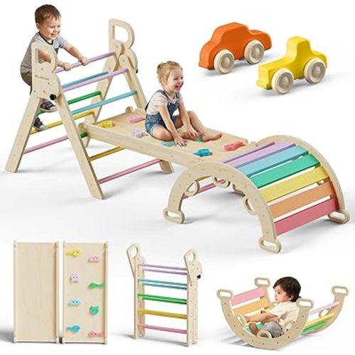 BlueWood Pikler Triangle Set, Toddler Climbing Toys Indoor, 7in1 Foldable Baby Climbing Toys- Rainbow
