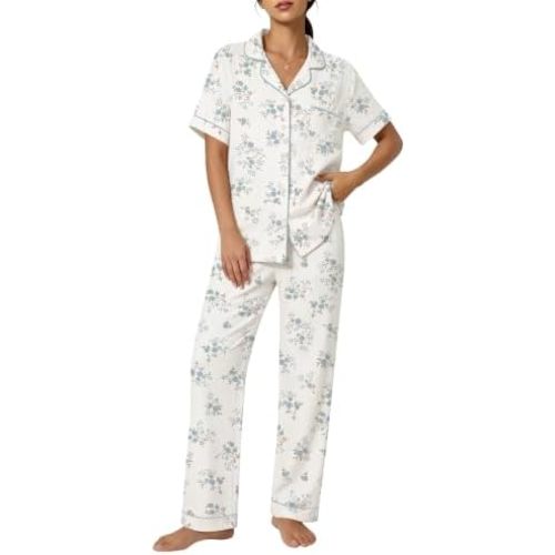 SWOMOG 100% Cotton Pajamas Set for Women Floral 2 Piece Button Down Pjs Short Sleeve Double Gauze Soft Loungewear