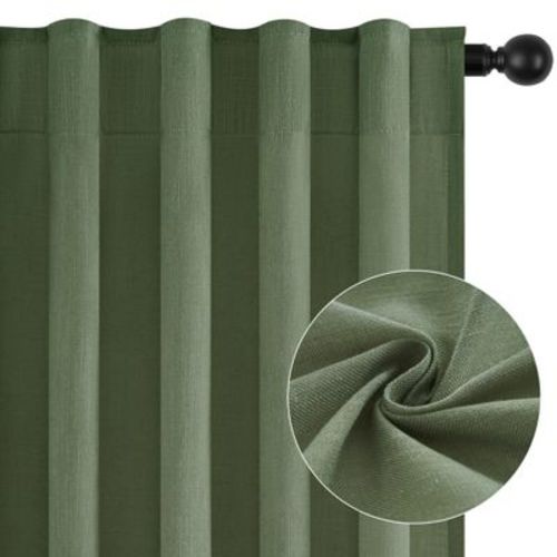 Olive Green Linen Sheer Curtains 90 Inches Long 2 Panels for Living Room Bedroom Thick Linen Textured Semi Sheer Curtains