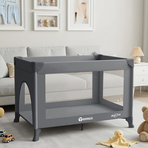 Portable Travel Crib & Playpen - Baby Safe Folding Travel Bed w/Mattress, Breathable Mesh | Compact Lightweight Baby Bed | Pack and Play for Babies & Toddlers (Grey)