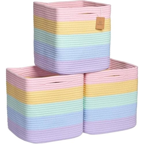 NaturalCozy Storage Cubes 11 Inch Cotton Rope Woven Baskets for Organizing, 3-Pack | Cube Storage Bin | Square Storage Baskets for Shelves Organizer, Classroom, Kids Toy Bins, Closet, Baby Nursery