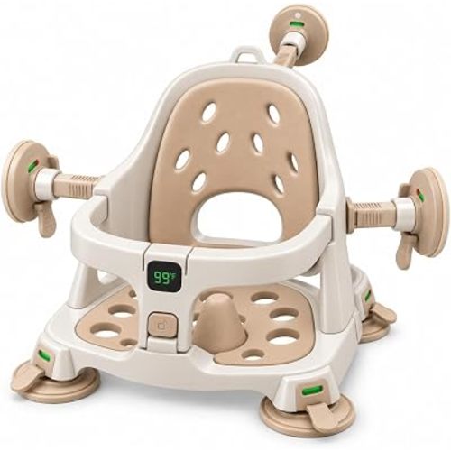 Juju Foldable Baby Bath Support Seat with Digital Temperature Display, Extendable Suction Arms, High Backrest and Quick-Drain Base - Light Brown