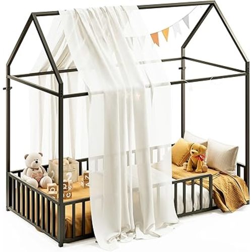 LIKIMIO Base de cama de piso individual con barandillas de techo y valla, cama de metal para dormitorio, fácil de montar, no necesita somier, color negro