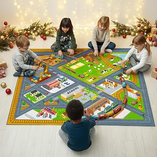 KC Cubs 5x7 Country Farm Construction Car Road Street Rug – Educational Carpet Play Mat for Kids, Toddlers, Nursery, Classroom, Playroom, Baby Daycare