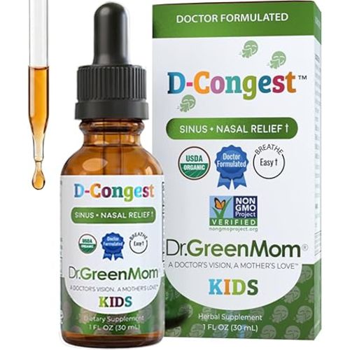 Dr. Green Mom D-Congest Kids - Organic Kids Sinus Support Drops | Drug-Free Herbal Supplement for Children's Stuffy Nose, Nasal & Respiratory Health | USDA Organic, Non-GMO