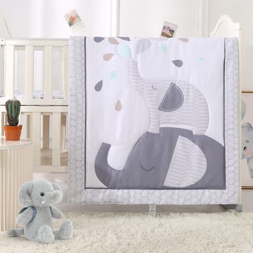Wowelife Mini Crib Bedding Set for Boys, Premium 3 Piece Elephant Baby Crib Bedding Set, Baby Nursery Comforter Bed Set with Crib Comforter, Skirt and Sheet, Gray