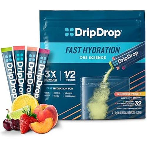 DripDrop Hydration - Sunburst Variety Pack - Electrolyte Drink Mix Single Serve Powder Packets - Lemon Lime, Strawberry, Peach, Black Cherry | Non-GMO, Gluten Free, Vegan | 32 Sticks