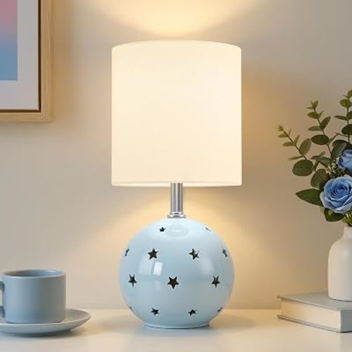 Small Table Lamp, 14" Blue Ceramic Bedside Lamp for Girls Kids Bedroom,Dorm