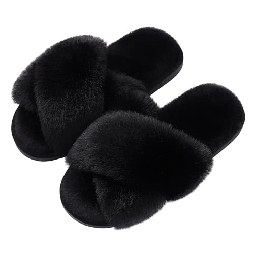 Evshine Memory Foam Fuzzy House Slippers for Women | Faux Fur Cross Band Open Toe Indoor Slippers, Gifts for Women, Moms and Bridesmaids