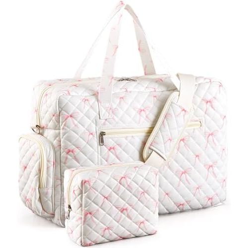 Abbylike 2 Pcs Large Quilted Duffle Bag Coquette Duffle Bag with Makeup Pouch Quilted Weekender Diaper Tote with Shoe Compartment for Women Travel Hospital