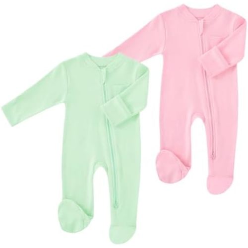 Baby 2 Way Zipper Girls Boys 100% Cotton Footed Sleep and Play with Mitten Cuffs 0-12 Months