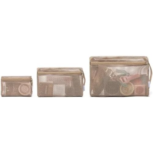 NOL Natural Organic Lifestyle 3-Pack Mesh Travel Toiletry Bags - Clear Zipper Travel Organizer, Airport Carry-On Compliant Reusable Cosmetic Makeup Bag for Women & Men (Khaki)