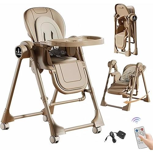 Electric Bluetooth PU Leather Baby High Chair for Babies and Toddlers, Smart High Chair with Swinging and Baby Feeding Dining Dual Modes, Convertible Highchairs with Wheels (Khaki)