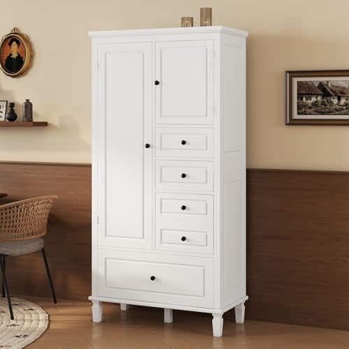 Merax 61.8" H Storage Cabinet with Two Doors and Fours Drawers, Freestanding Kitchen Pantry Cupboard for Entryway/Bathroom/Dining Room/Home Office, White