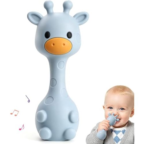 2-in-1 Baby Teething Rattle Toys 3-12 Months, BPA Free Silicone Teether Toy