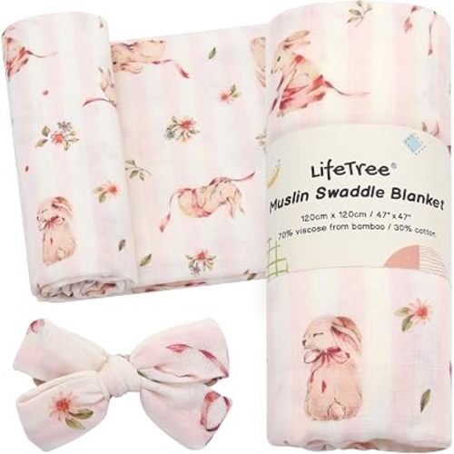 LifeTree Baby Muslin Swaddle Blankets for Boys & Girls, Newborn Swaddle Set with Matching Headband Bow, Infant Blanket Wrap, 47 x 47 inches, Bow Rabbit, 70% Viscose from Bamboo and 30% Cotton