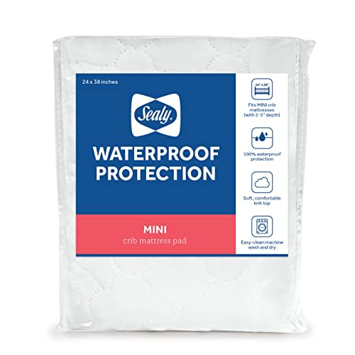 Sealy Baby Mini Crib Mattress Protector Pad Cover, Durable Waterproof Topper, Portable and Comfortable for Newborns Infants and Toddlers, Machine Washable and Dryer Friendly, 38” x 24”- White