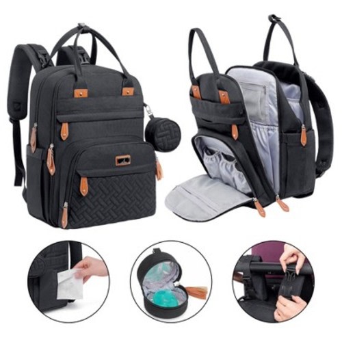 BabbleRoo Diaper Bag Backpack Stylish 26L Hands Free Baby Bag with Changing Pad, Stroller Straps & Water-Resistant, Pañaleras, Black, Large