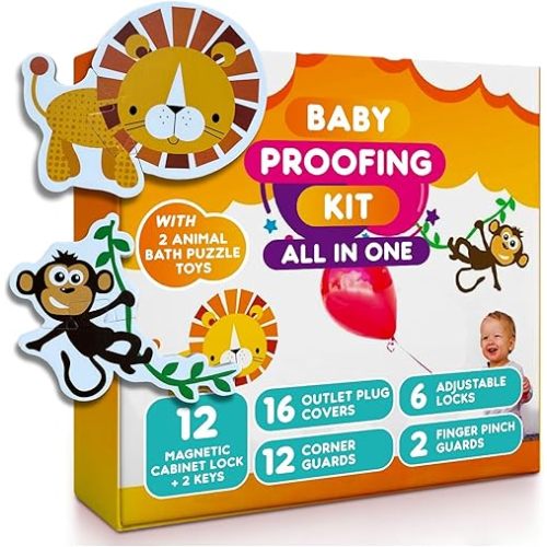 DAPPER CREATIVE Child Safety Kit - 67 Pack Baby Proofing Essentials | Magnetic Cabinet Locks, Power Point Outlet Covers, Clear Corner Protectors, Strap Locks, Finger Pinch Guards | Bonus Bath Toys