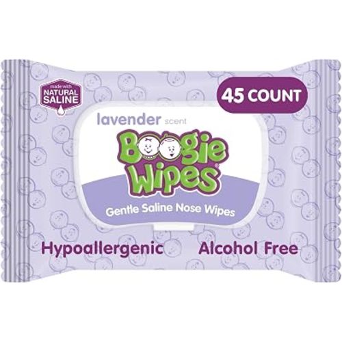 Boogie Wipes Saline Nose Wipes - 90 Count - Lavender Scent, Hypoallergenic & Alcohol-Free - Allergy Relief - Made with Natural Saline, Aloe, Chamomile & Vitamin E - Diaper Bag Essential