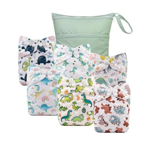 babygoal Cloth Diaper Covers 6 Pack with Wet Bag for Fitted Diapers and Prefolds with Double Gussets, Adjustable and Reusable for Baby Boys and Girls