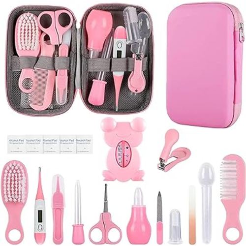 Baby Grooming Kit, Infant Safety Care Set with Hair Brush Comb Nail Clipper Nasal Aspirator,Baby Essentials Kit for Newborn Girls Boys (Pink Baby Grooming kit)