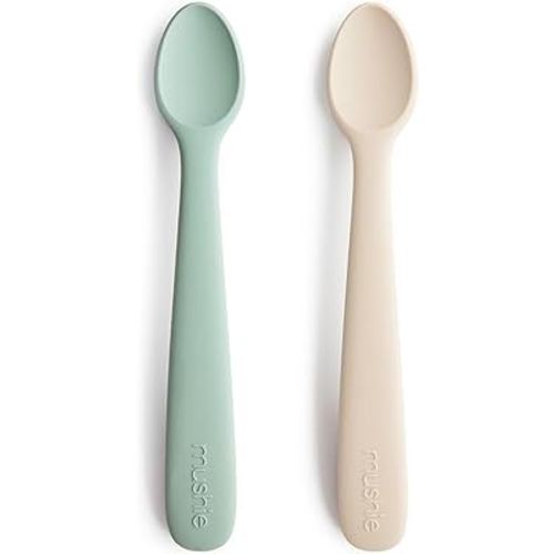 mushie Silicone Baby Feeding Spoons | 2 Pack (Cambridge Blue/Shifting Sand)