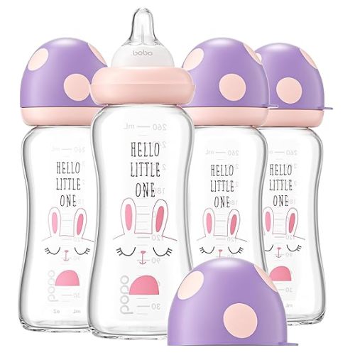 YOHKOH Natural Glass Baby Bottle with Level 2 Medium Flow Nipple, Newborn Anti-Colic Baby Bottles, Wide Neck Mushroom Baby Glass Bottle ((8.8oz (Pack of 4), Purple-A)