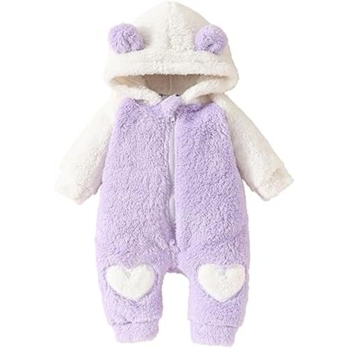 Newborn Baby Girl Boy Clothes Bear Onesie Long Sleeve Snowsuit Hooded Romper Winter Clothes (Purple Love Bear, 9-12 Months)