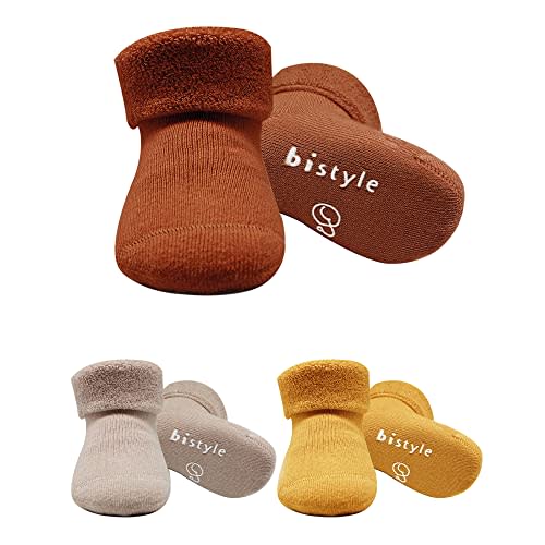 Bistyle Baby Non-Slip Terry Socks 3 Pairs - Thick Cotton Seamless Infants Toddlers Kids Winter Warming Socks