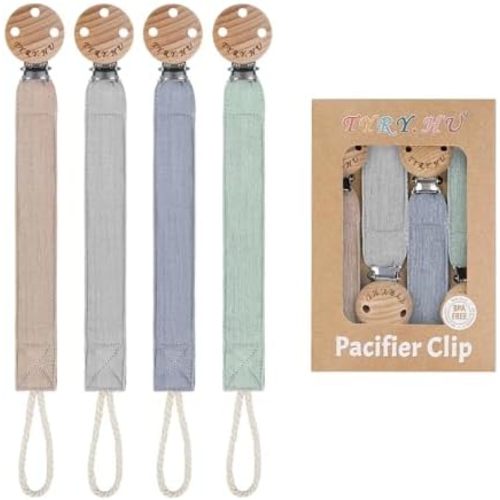 TYRY.HU Ribbon Pacifier Clip Holder,4 Pack Binky Paci Holder Clips, Pacifier Leash for Boys and Girls, Soft Webbing Strap Universal Fits for Most Pacifier, Styles & Teethers(Khaki,Grey,Blue,Green)