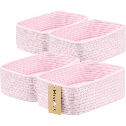 Small Storage Baskets for Organizing | Closet Organizer Bins | Shelf Toy Basket | Woven Rope Baskets | Cube Decorative Box | Shallow Basket | 11.5x7.5x4.7” | 4 Packs Light Pink
