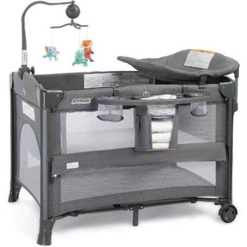 JOYMOR 5 in 1 Baby Bassinet with Changing Table, Besdide Bassinet, Portable Pack and Play with Bassinet, Mattress and Sheet, Toy, Wheels, Carry Bag