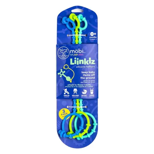 Mobi Liinklz Silicone Tethers for Car Seat & High Chair, Flexible, Soft Toy Straps for Baby, Easy Clean Toy Holder, Secure Stroller Straps for Infants 0+ Months, Cool Colors (3 Pack)