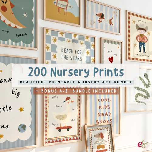 Bundle of 200 Nursery Room Prints, Playroom Prints, Boy Nursery Wall Art Set, Playful Animal Prints, baby Room Decor, Kids Room Wall Art
