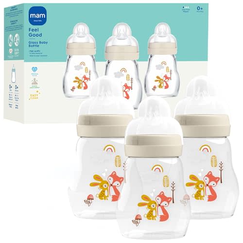 MAM Premium Glass Baby Bottles, Easy Switch Between Breast and Bottle, Feel Good Slow Flow, Newborn Essentials Must Have, 0+ Months, BPA Free, 6oz, Unisex, 3 Pack