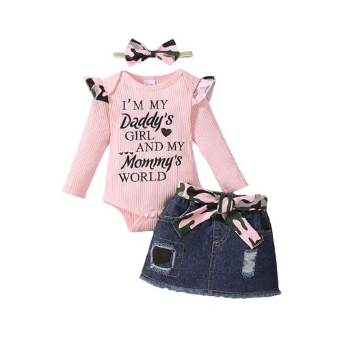 Kucnuzki Baby Girl Clothes Newborn Baby Girl Outfit Long Sleeve Romper Jean Denim Skirt Set Infant Baby Clothe for Girls