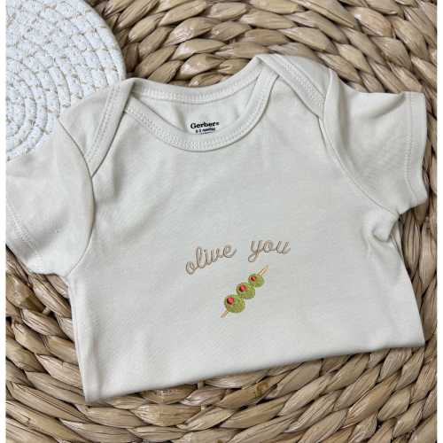 Embroidered Baby Onesie “Olive You” Pun, Cute Food Baby Bodysuit, Funny Baby Shower Gift, Neutral Baby Outfit