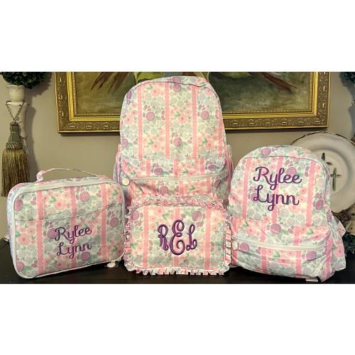 Girls Monogram Backpack, Girls Embroidery luggage set, Embroidered wipeable nylon Backpack, lunchbox, everything bag, Girl Monogram duffle
