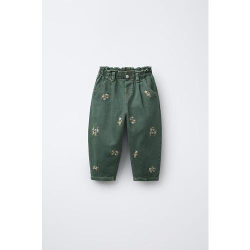 EMBROIDERED FLORAL TWILL BAGGY PANTS - Green | ZARA United States